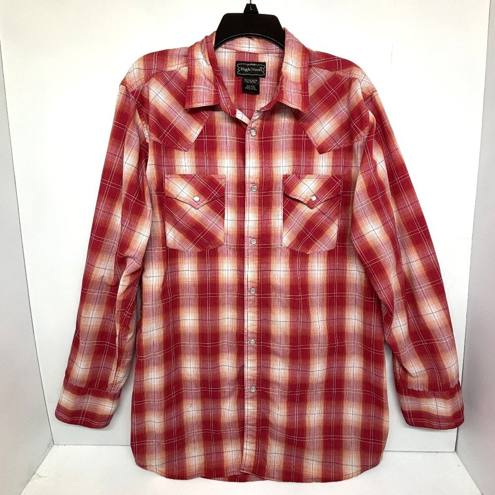 Vintage High Noon LS Western Shirt Pearl Snaps Red with Orange & White Men's XL